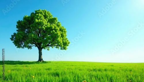 Obraz na płótnie Tree isolated in a vast empty landscape with a clear blue sky above, vastness, greenery, solo w salonie