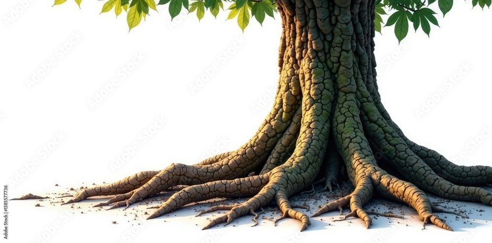 Tree roots and trunk isolated on white background, trunk, grounded, tree roots