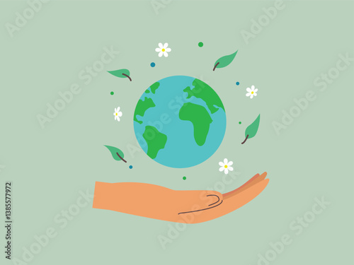 A hand is holding a globe with flowers and leaves surrounding it. Concept of protecting and preserving the Earth