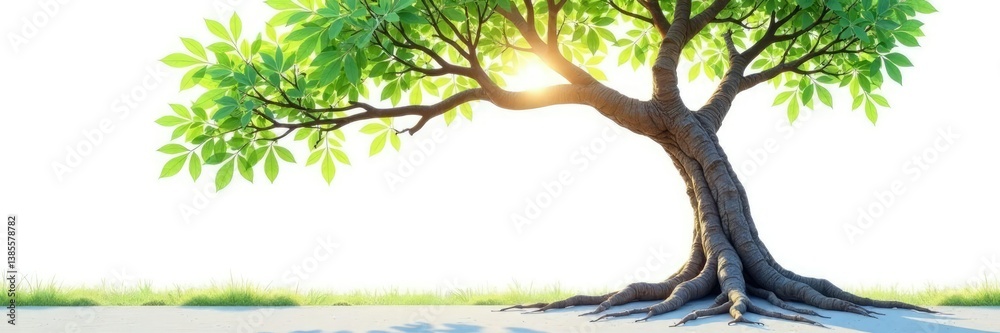 Tree with roots and branches stretching towards the sky against a bright white background, lush, natural, green