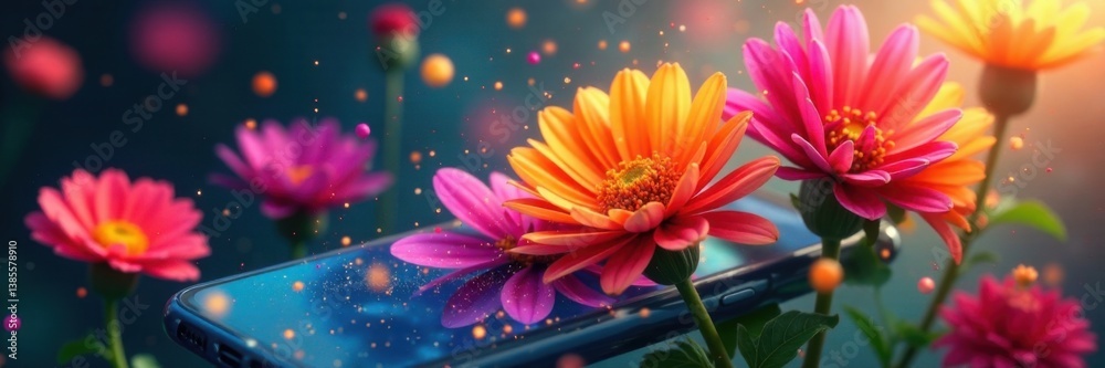 Fototapeta premium Colorful flowers spin rapidly on a smartphone display, vibrant hues dance in motion, petals, colorful, spinning
