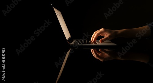 Person Typing on Laptop in Dark Environment with Reflection and Atmospheric Lighting