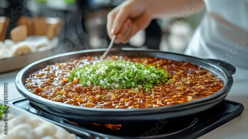 Spicy Korean Gamjatang with Green Onions in a Bowl