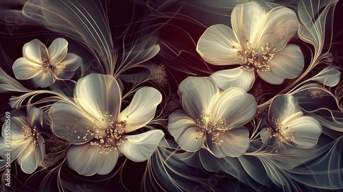 Elegant, gold-accented white flowers on a dark background.