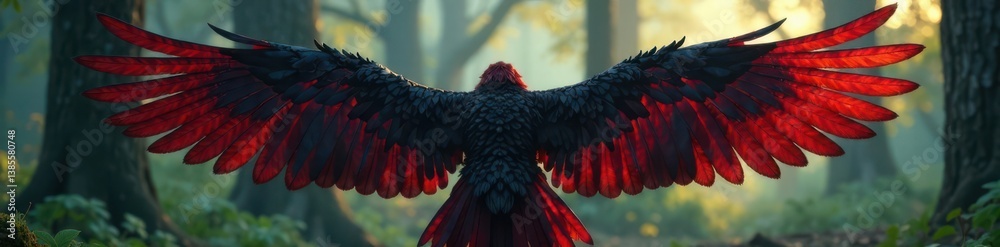 Obraz premium Majestic red black wings folded against a misty forest background, nature, dreamy