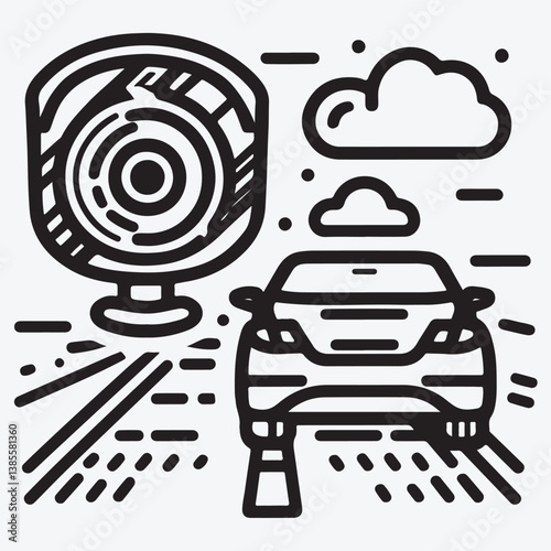 Car parking sensor line icon, rear or front road view, backup camera, assist highway safety, alarm vehicle security, editable stroke vector
