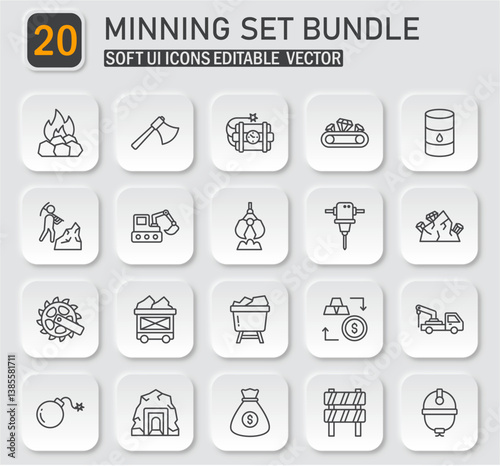 Mining operations detailed line icons, editable vectors for industrial applications