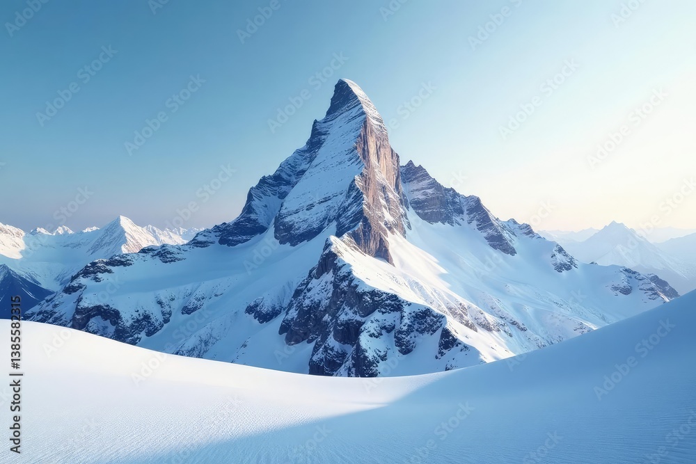 Obraz premium A mountain peak rises high on the snowy landscape, isolation, frozen,