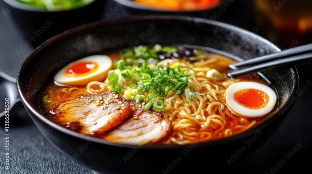 Delicious bowl of ramen with pork, egg, and noodles Delicious bowl of ramen with pork, egg, and noodles