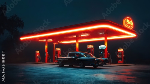 Night Gas Station Modern Design Illustration