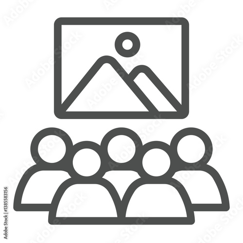 Painting and crowd of people line icon, city museum concept. Vector graphics. Picture painting with visitors, audience sign on white background, outline style icon for mobile or web design.