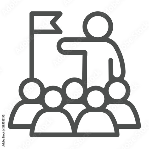 Guide man with flag and people crowd line icon, city museum concept. Vector graphics. Guided tour for visitors, audience sign on white background, outline style icon for mobile or web design.