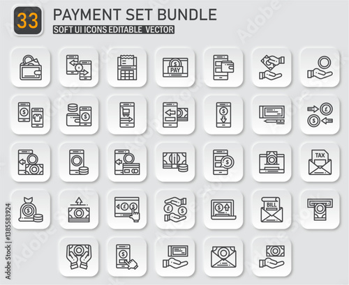 Collection of thirty-three soft user interface payment method vector icons bundle