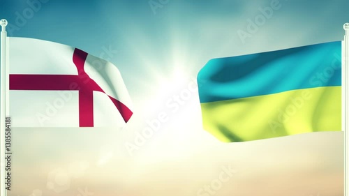 England  And Ukrainian Flags Waving Against Each Other. 3D Animation with Textured Detail.