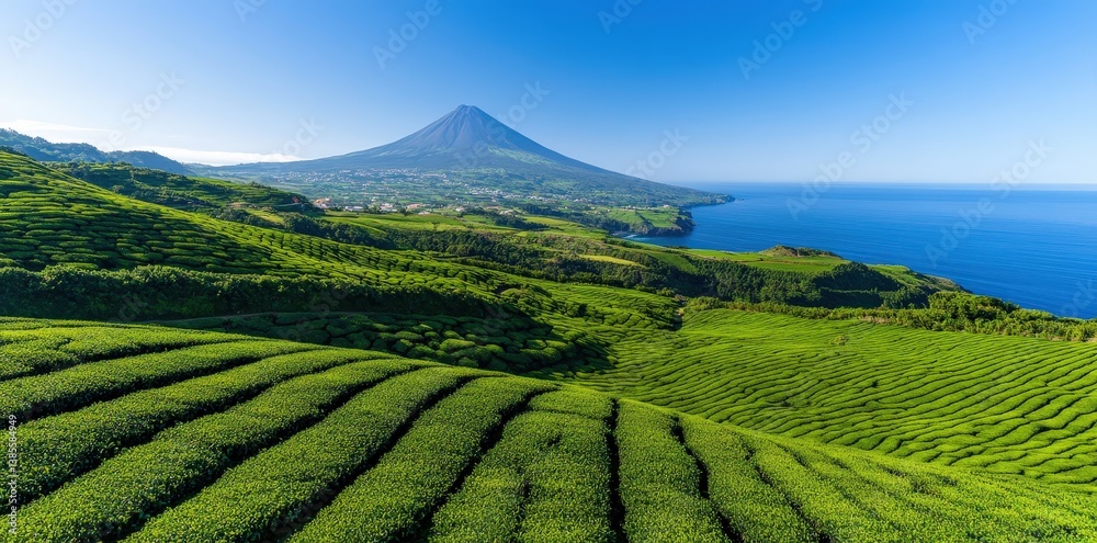 Obraz premium A stunning landscape featuring lush green tea fields with a backdrop of a prominent volcano and a clear blue ocean under a bright sky.