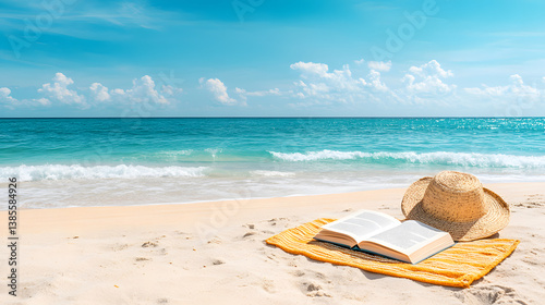 Relaxing Beach Scene with Book and Straw Hat on Sandy Shore