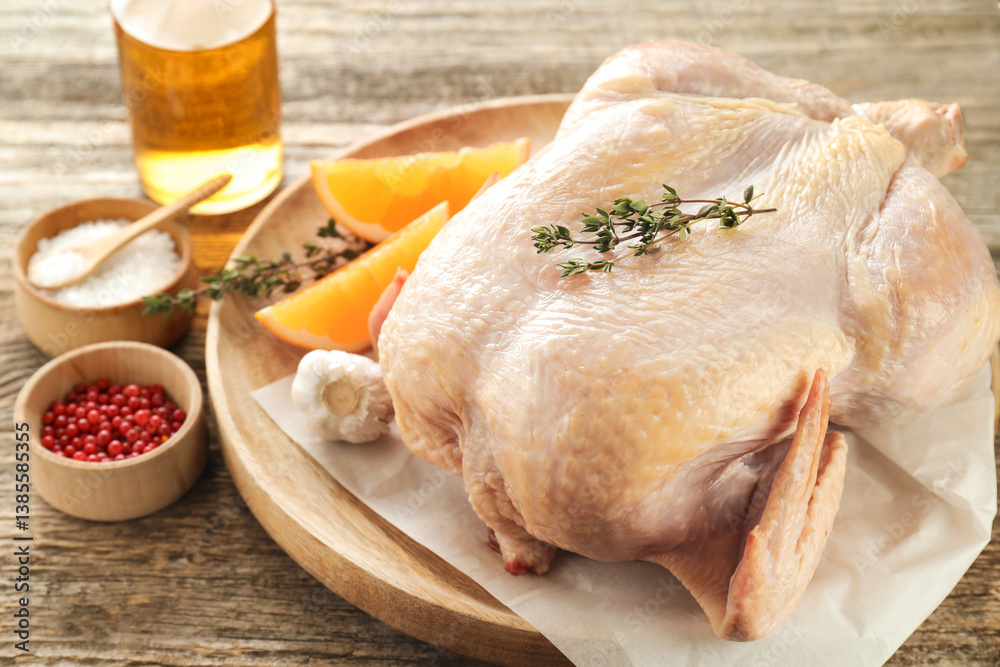Uncooked turkey, orange slices and spices on wooden table, closeup Uncooked turkey, orange slices and spices on wooden table, closeup