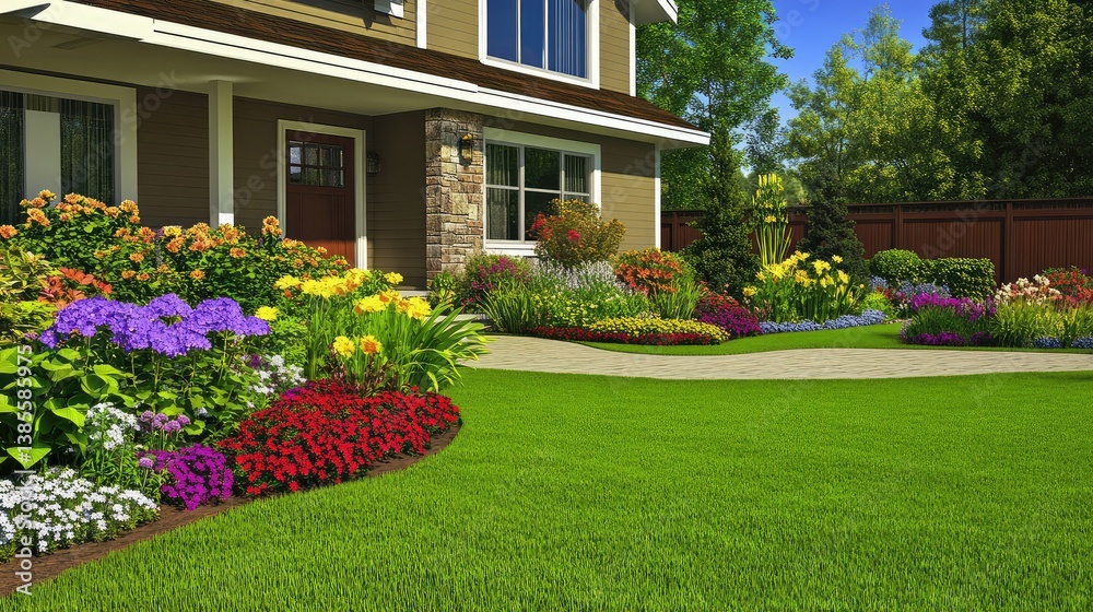 Fototapeta premium A modern house with a manicured front yard, vibrant summer flowers, and a clean lawn. Bright sunlight creates ample room for copy.