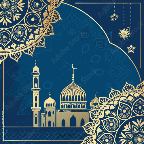 A Blue And Gold Ornate Background With Intricate Patterns Suitable For Festive Occasions In

