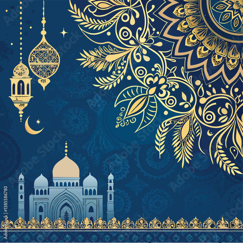 A Blue And Gold Ornate Background With Intricate Patterns Suitable For Festive Occasions In

