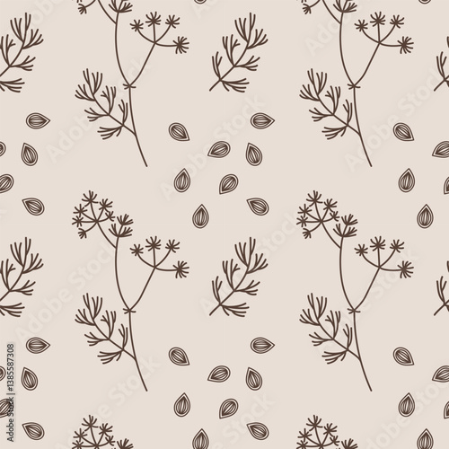 Botanical vector illustration of Caraway in seamless pattern. Hand drawn repeating background with branch and seeds spicy plant Cumin for textile, label, print, wrapping. Food ingredient, Anise, oil