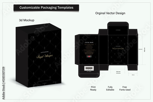 Box packaging die cut template design. 3d mock-up labels,icon,frames, for packaging,design of luxury products. for perfume, soap, wine, lotion.Made with golden foil.Isolated on brown background. vecto