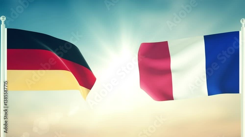 Germany And France Flags Waving Against Each Other. 3D Animation with Textured Detail.