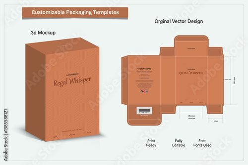 Box packaging die cut template design. 3d mock-up labels,icon,frames, for packaging,design of luxury products. for perfume, soap, wine, lotion.Made with golden foil.Isolated on brown background. vecto