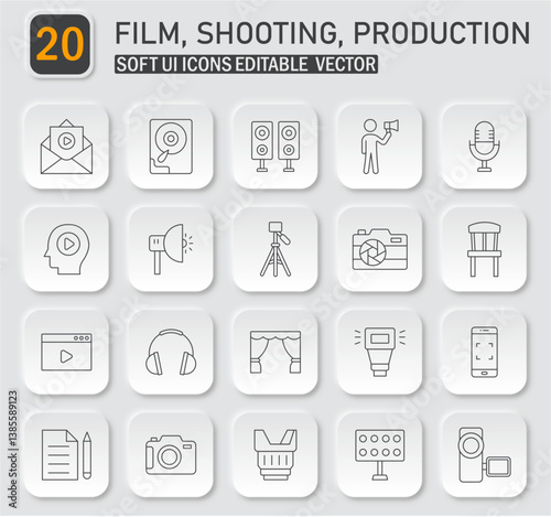 Film production elements icons pack with shooting and cinematic equipment