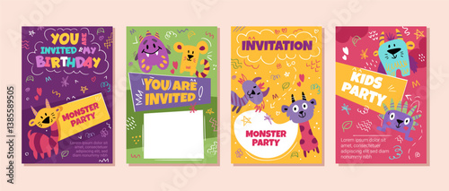 Set of birthday postcards with cute kind and funny monsters. Invitations for kids birthday. Vector templates for card, poster, flyer or banner. You are invited to monster Party