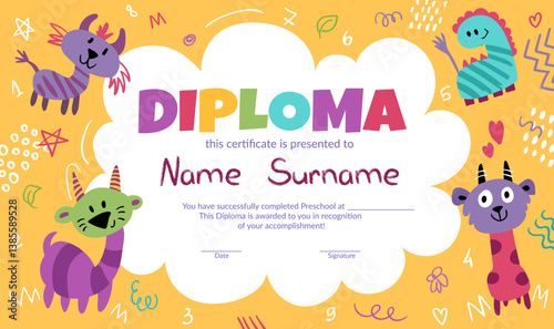 Certificate with cute monsters. Colorful school and preschool diploma for kids and children in kindergarten or primary grades with doodle elements on doodle background. Vector cartoon illustration