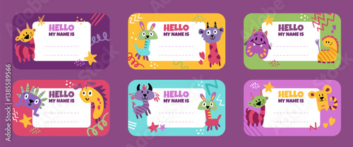 Name tag set for kids with funny cute monster characters and place for text. Vector illustration with colorful and clean design. Sticker frame with kind and playful aliens.