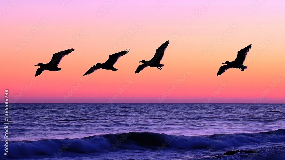 Obraz premium Four Birds Flying Over Ocean Sunset