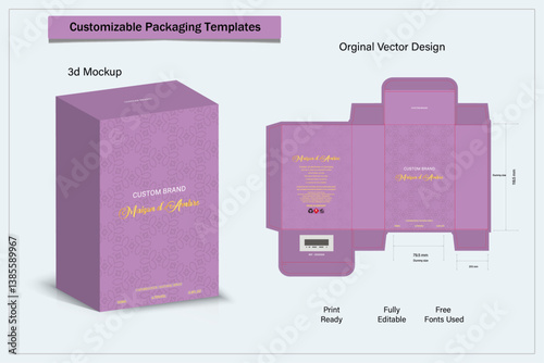 Box packaging die cut template design. 3d mock-up labels,icon,frames, for packaging,design of luxury products. for perfume, soap, wine, lotion.Made with golden foil.Isolated on brown background. vecto