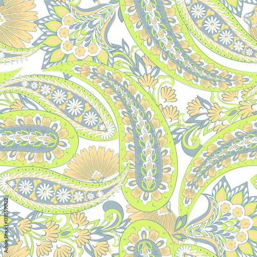 Digital vector textile print. Seamless Design for covers, fabrics, textiles, wrapping paper, featuring an antique Thai vector pattern Paisley Indian motifs and decorative floral elements