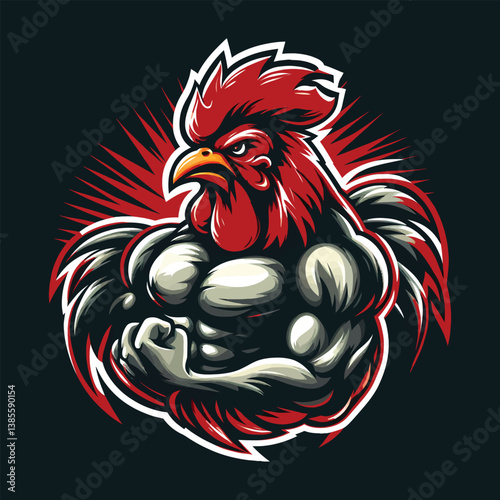 Cartoon Rooster with Large Muscles Flexing in Red and Gray