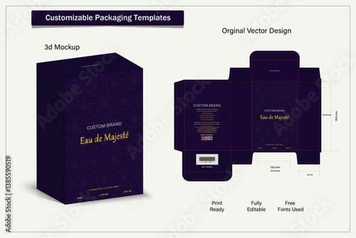 Box design Product box die cut with 3d mock up of luxury products for perfume.