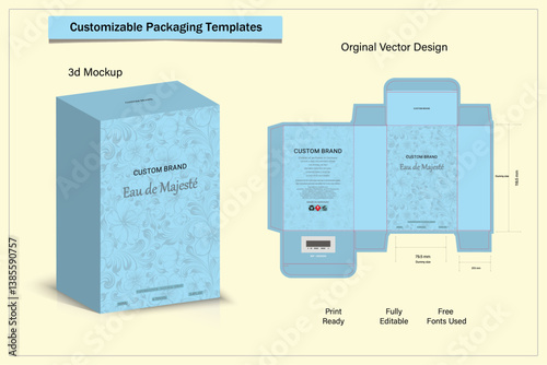 Box design Product box die cut with 3d mock up of luxury products for perfume.