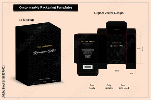 Box design Product box die cut with 3d mock up of luxury products for perfume.