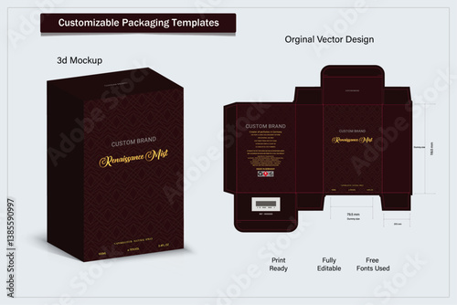 Box design Product box die cut with 3d mock up of luxury products for perfume.