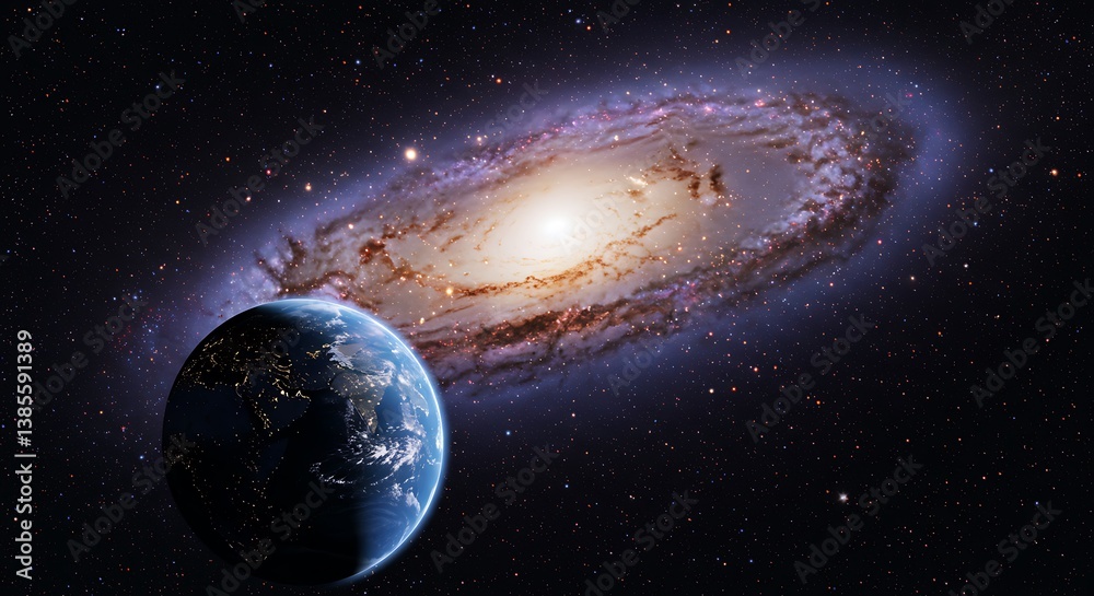 Obraz premium Cosmic Embrace: Earth's Galactic View AI Generated