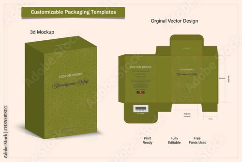Box design Product box die cut with 3d mock up of luxury products for perfume.