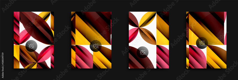 Four abstract geometric designs. Warm color palette dominatesreds, golds, browns. Shapes include triangles, lines, petals. Modern vector illustrations suitable for backgrounds or covers. Four abstract geometric designs. Warm color palette dominatesreds, golds, browns. Shapes include triangles, lines, petals. Modern vector illustrations suitable for backgrounds or covers.