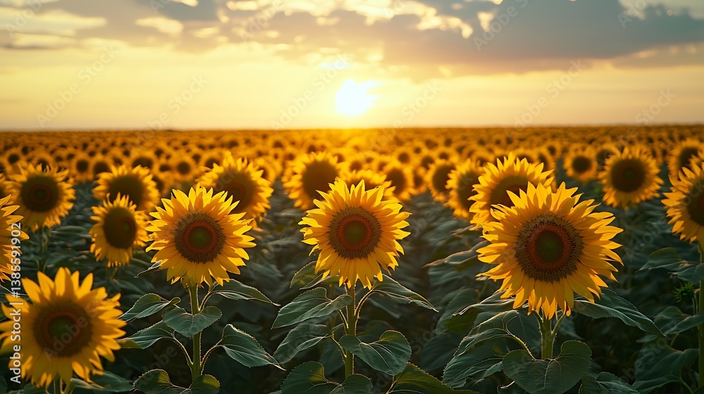 Fototapeta premium A vibrant sunflower field stretching to the horizon under a golden sunset.