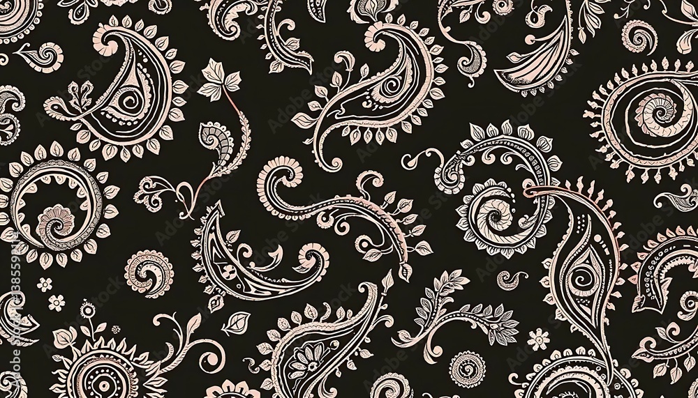 Elegant hand-drawn paisley pattern on dark background, vintage style textile Elegant hand-drawn paisley pattern on dark background, vintage style textile