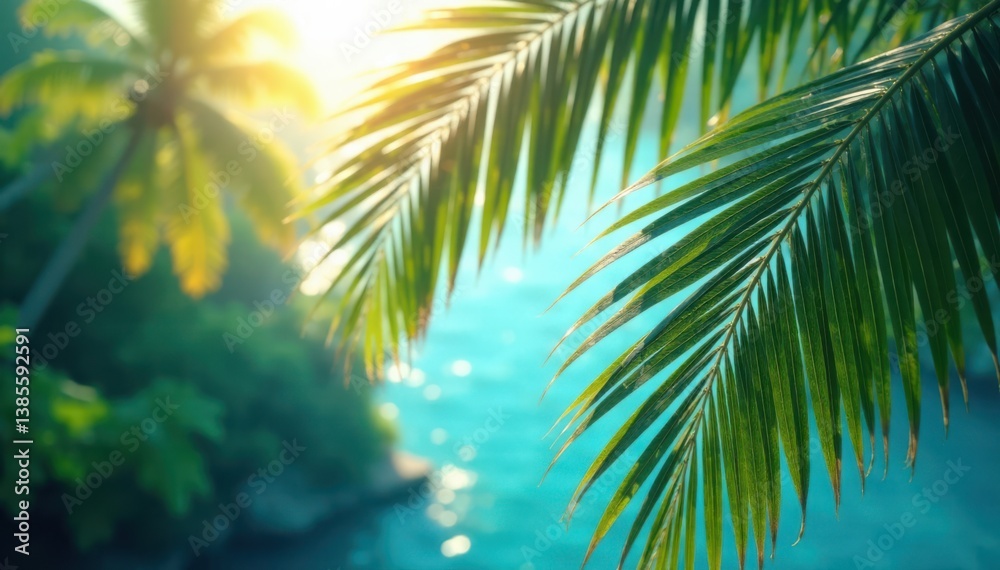 Palm fronds in shades of green with hues of blue and purple, set against a bright sunny day , sunny day, foliage Palm fronds in shades of green with hues of blue and purple, set against a bright sunny day , sunny day, foliage