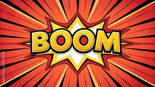 Comic-style bang banner with word ‘Boom’ in bold 3D comic font, explosive red, yellow, and black starburst, halftone shading, and cartoon outline