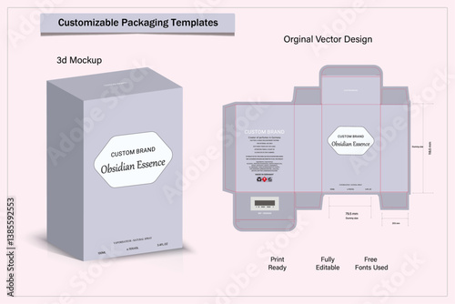 Box design Product box die cut with 3d mock up of luxury products for perfume.