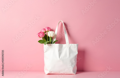 Elegant white canvas tote bag mockup with flowers on a soft pink background, background with copy space. Selective focus, blurred background.