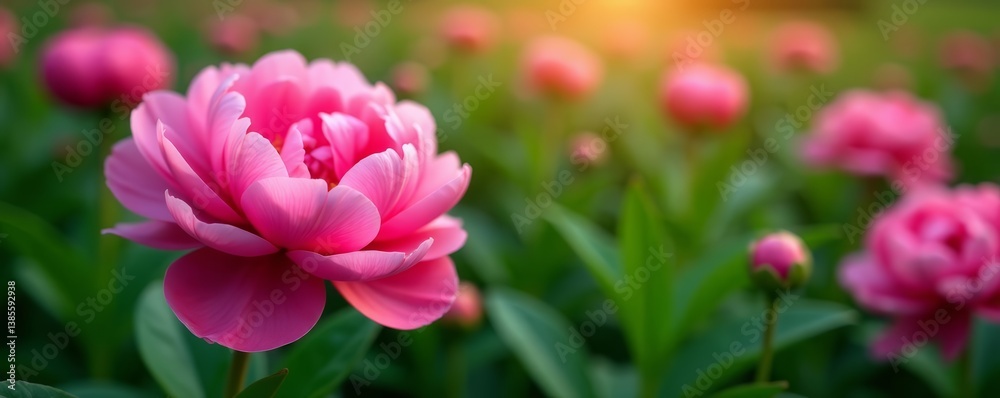 Close-up shot of pink peonies surrounded by green foliage, garden, pink Close-up shot of pink peonies surrounded by green foliage, garden, pink